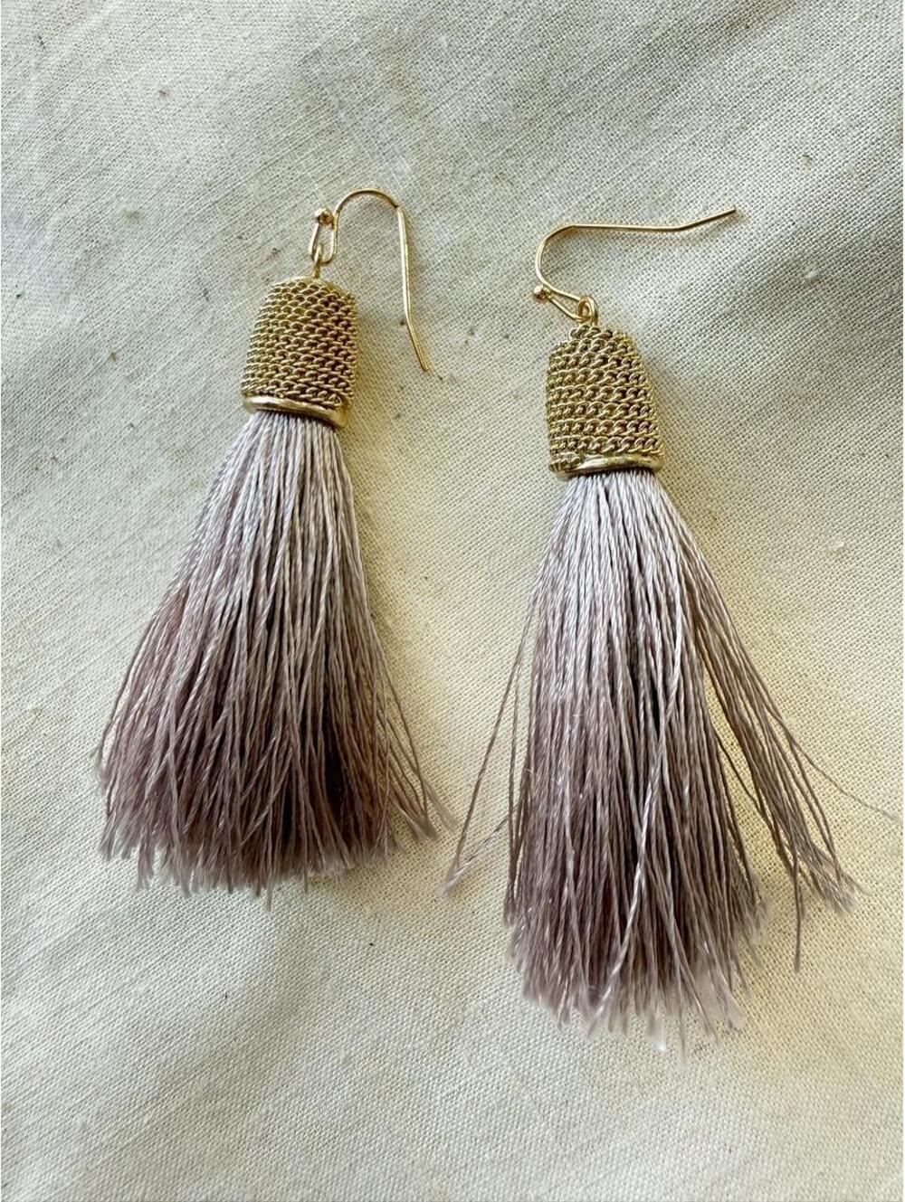 Taupe Silky Tassel Earrings Gold Tone Chain Cap Boho Glam